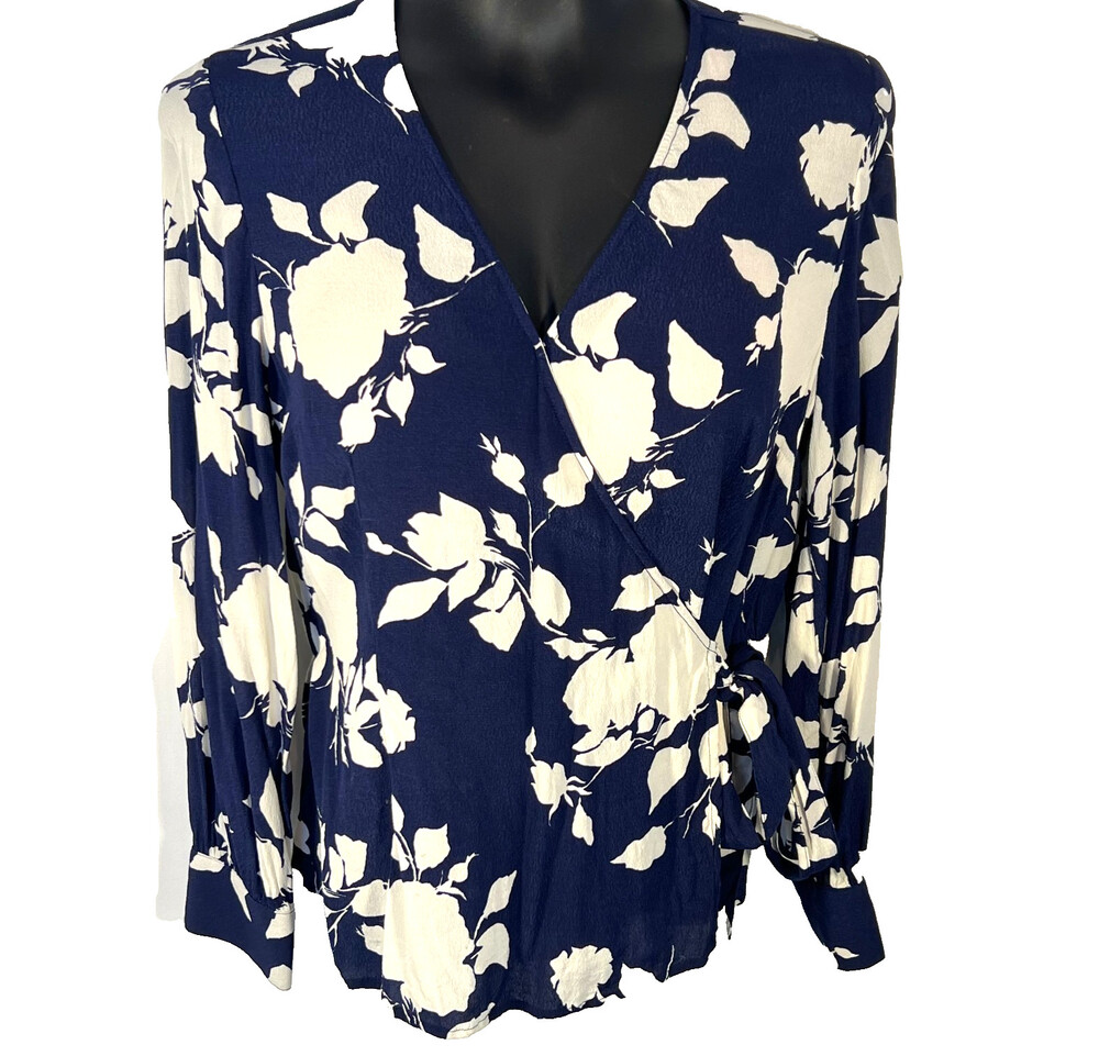Talbots Blouse Women's M Wrap Front Tie Waist Blue White Floral